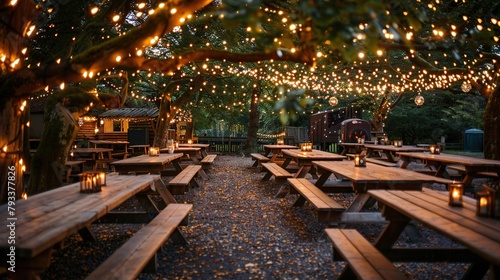long rustic wood wedding table in garden full of fairy lights on the trees