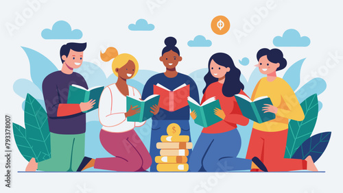 A book club reading and discussing personal finance books exchanging tips and ideas on how to save and plan for the future.