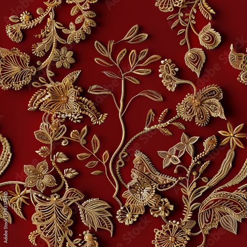 Seamless pattern of golden embroidery on red fabric