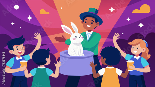 A group of eager youngsters huddled around a colorful stage watching in amazement as a junior magician expertly pulls a live rabbit out of a