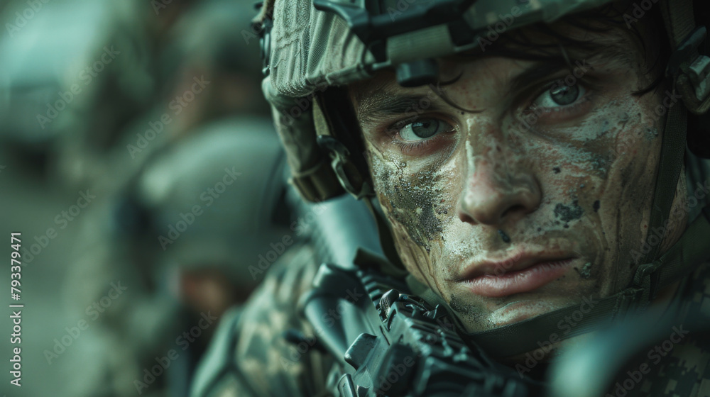 Close-up of a soldier with camouflage paint on face and helmet, shallow depth of field, cinematic look.