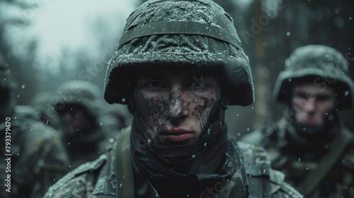Close-up of a soldier with camouflaged face in snowy conditions, with fellow troops in the background.