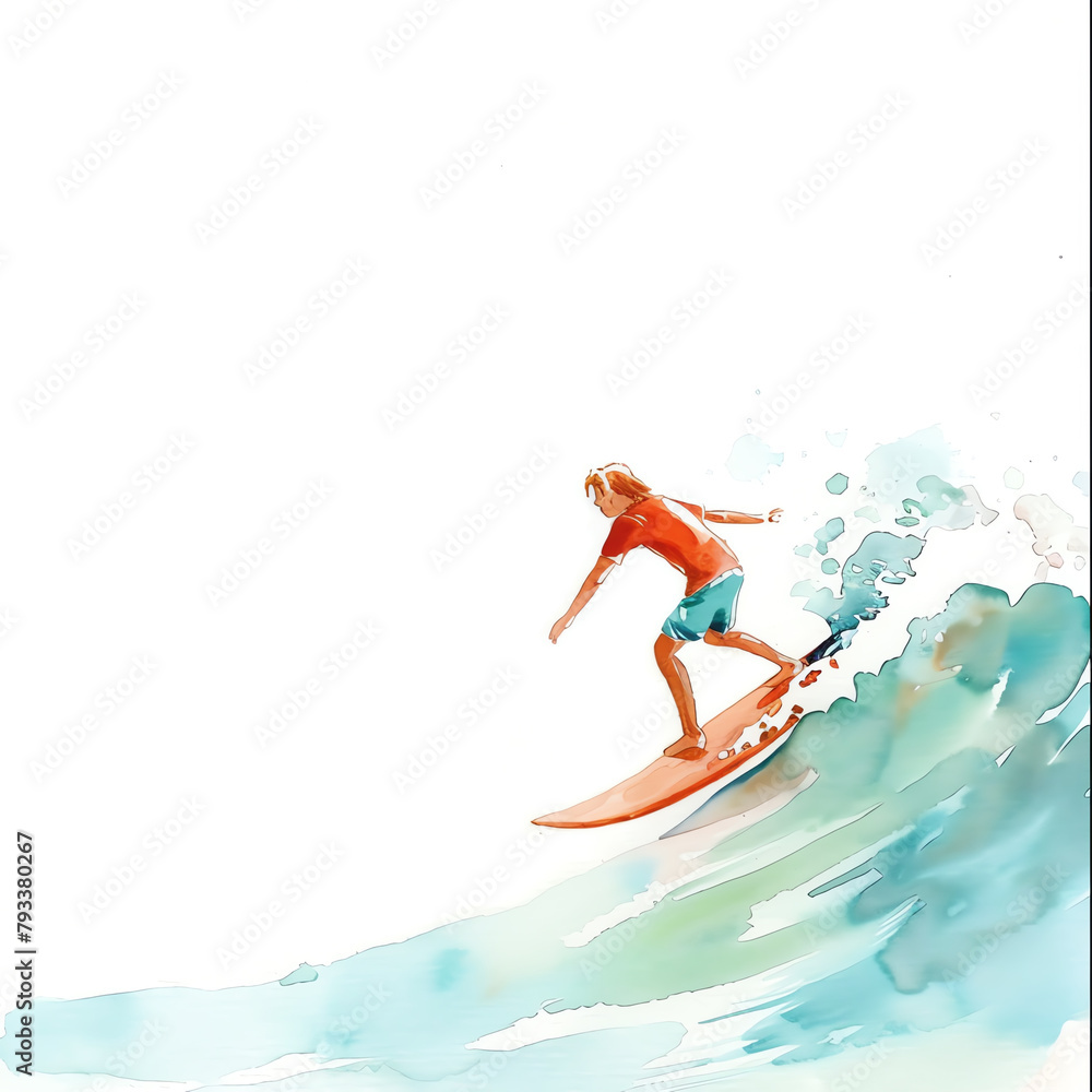 Minimalistic watercolor illustration of surfing on a white background, cute and comical.