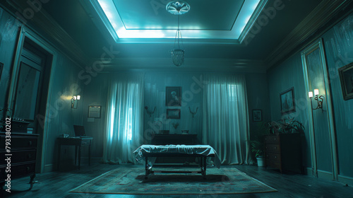 A cinematic still of a dimly lit mortuary room with a body covered on the table.