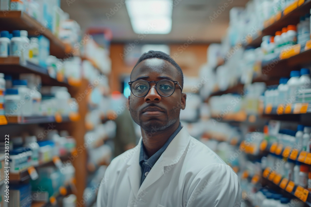 A pharmacist in white coat stands between shelves of medications in a pharmacy, looking at the camera. A pharmacist in white coat stands between shelves of medications in a pharmacy, looking at the camera.