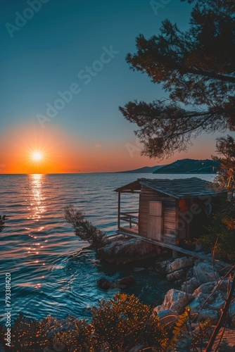 a small wooden cabin house with the calm seaside view while sunset