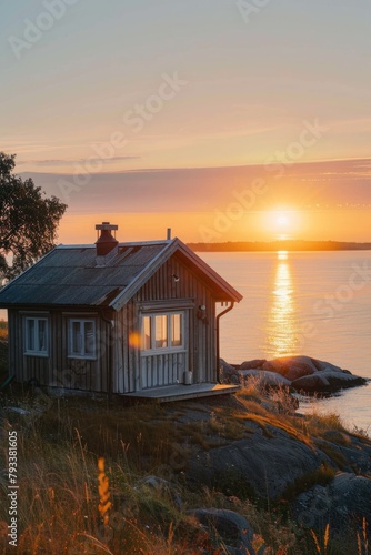 a small wooden cabin house with the calm seaside view while sunset