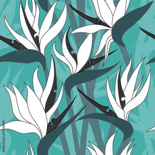 Vector seamless floral pattern with herbaceous plant of strelitzia. Watercolor illustration of plant of bird-of-paradis. For fabric, textile, wrapping paper, cover, package. Flowers and tropical leave photo