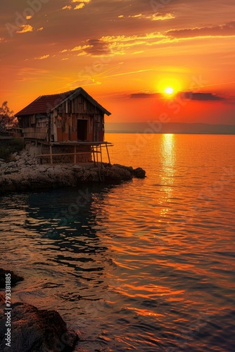 a small wooden cabin house with the calm seaside view while sunset