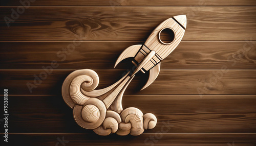 A wooden rocket taking off, set against a wooden background