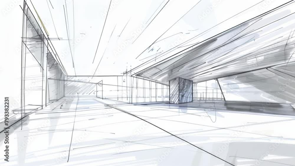 Architectural perspective sketch of a spacious modern building interior ...