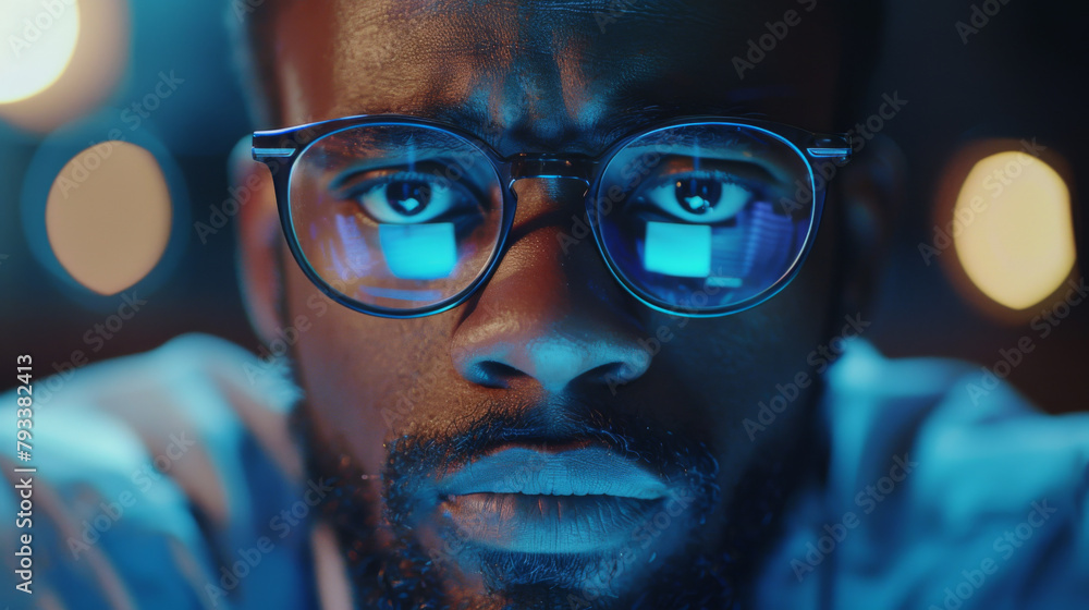A close-up of a man with eyeglasses reflecting screen light, intense gaze, cinematic lighting, and shallow depth of field. A close-up of a man with eyeglasses reflecting screen light, intense gaze, cinematic lighting, and shallow depth of field.