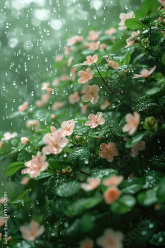 a beautiful nature close up shot of a small flower with water droplets while raining