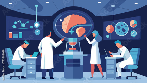 In a sleek modern laboratory a team of experts use tingedge technology to map the neural pathways of the brain identifying areas that may need.