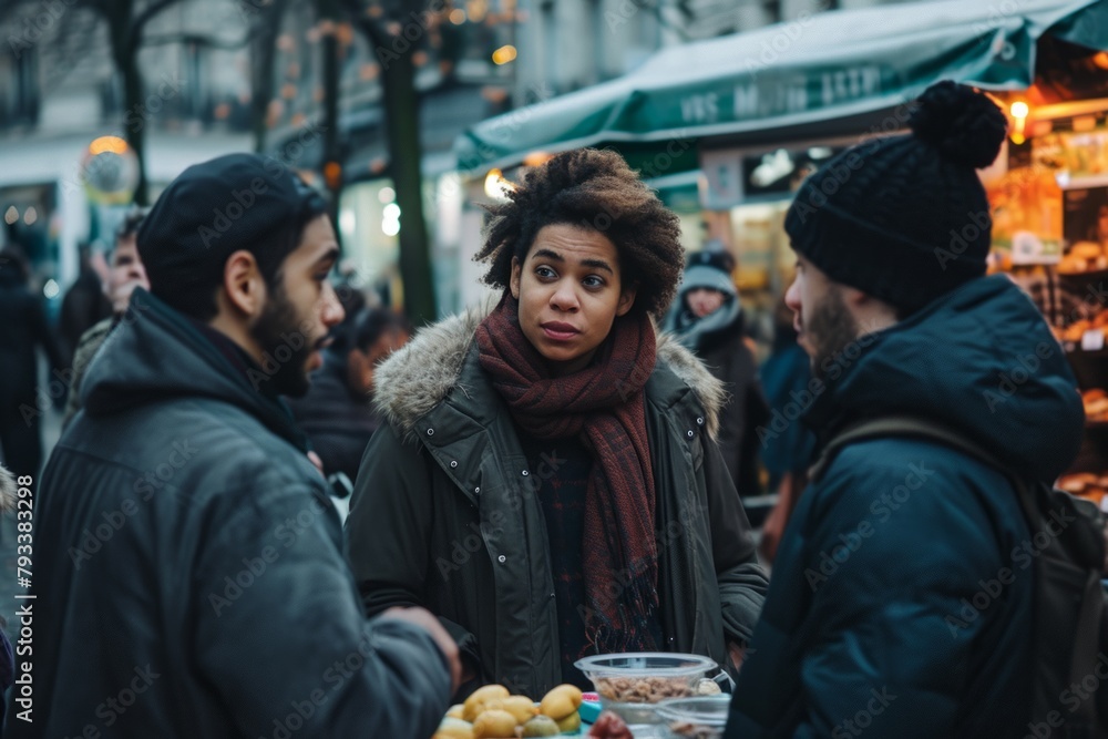 Beautiful african american woman with curly hair and brown eyes looking at the camera while walking on a crowded street in winter