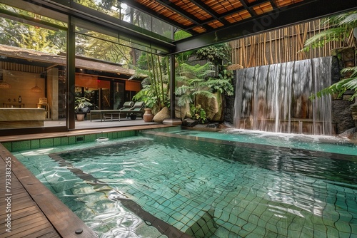 Modern indoor pool with waterfall in SPA at luxury zen hotel