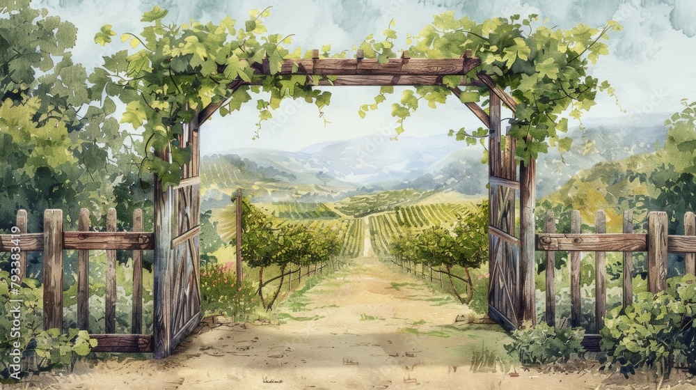 Obraz premium Blank mockup of a charming handdrawn wine vineyard entrance sign with watercolorstyle gs and cursive script. .