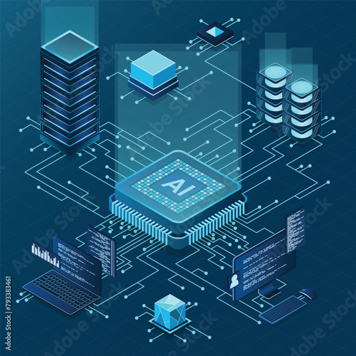 Isometric artificial intelligence chip concept. Artificial Intelligence server. Futuristic microchip processor. Isometric cloud computing. Vector illustration