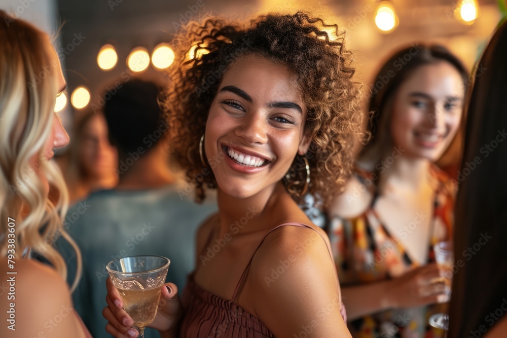 Portrait of beautiful young woman with glass of champagne in a nightclub