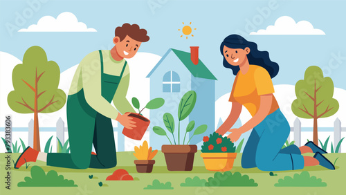 A couple of neighbors eagerly exchanging gardening tips and tricks while tending to their individual plots on the first day of planting season.