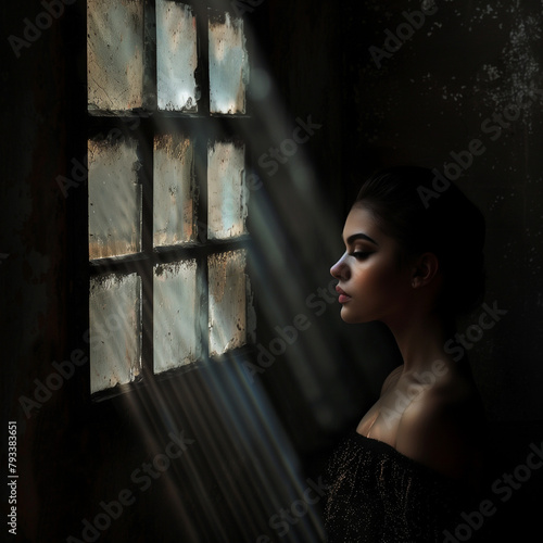 Young woman in a dark room looking in a small old window