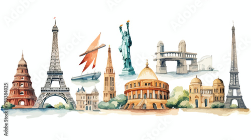 Watercolor Popular Landmarks Clipart 2d flat cartoo
