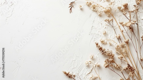 A banner featuring a top down view of a frame adorned with dried flowers on a white background The design incorporates neutral colors and leaves space for adding content
