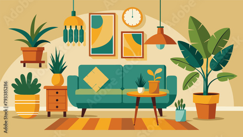 A vintageinspired living room decorated with an array of retro planters containing unique indoor plants such as a dragon tree or a variegated rubber.