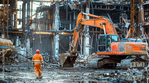 A construction worker in high-visibility clothing surveys a demolition site with heavy machinery in a gritty urban environment.