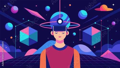 A person surrounded by surreal digital landscapes as their mind is directly connected to an AI simulation blurring the lines between virtual and.