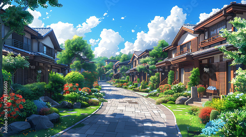 Modest residencial anime illustrated exterior brown wooden house. photo