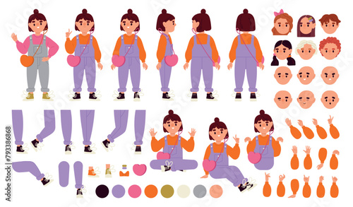 Character Constructor for Animation. Charming little girl in stylish clothes. Child in different positions. Set of body parts in motion. Cartoon flat vector collection isolated on white background