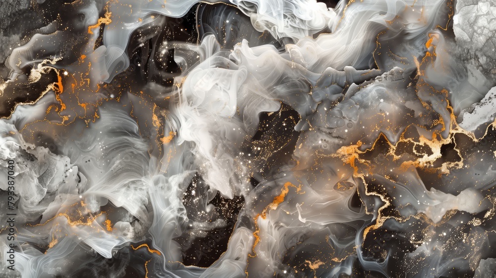 The dynamic interplay between luxurious gold swirls and a fluid monochrome landscape. 