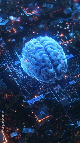 Digital brain on circuit board background