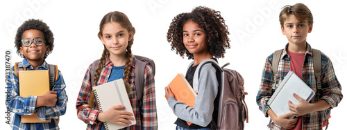Collection of school boys and girls from different ethnicities holding notebooks ready to go to school. Isolated white transparent background © Pajaros Volando