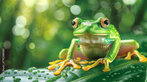 A vivid green tree frog with big eyes sitting calmly on a dew-covered leaf.