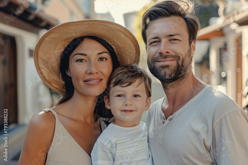 Fototapeta Naklejka Na Ścianę i Meble -  Portrait of Italian family with couple holding their toddler. Traditional European city street as background