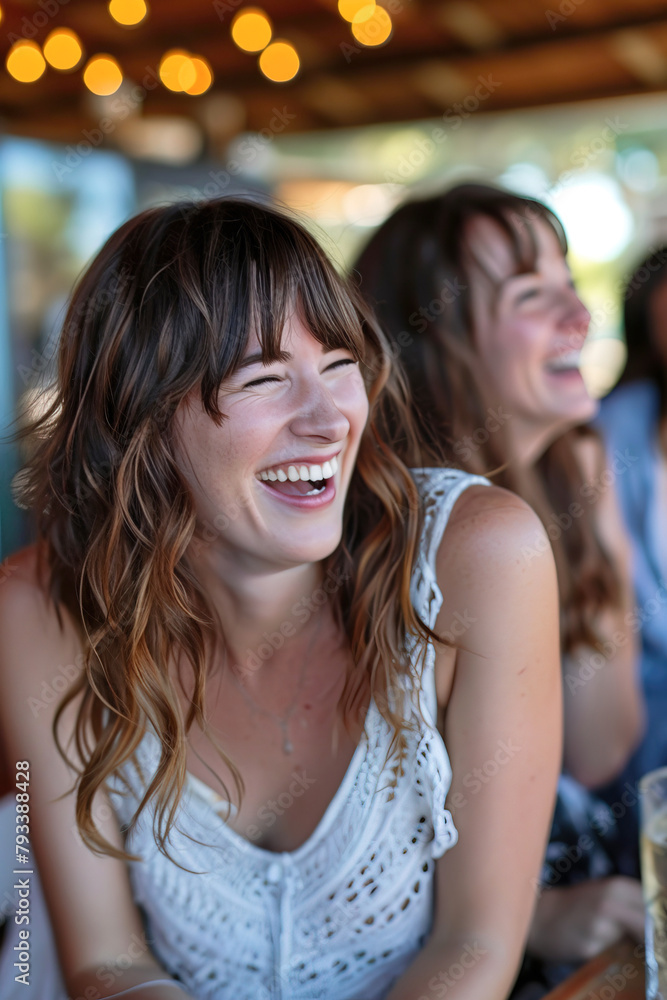 Cheerful Caucasian girl having fun spending time with friends at the bar. Vertical image