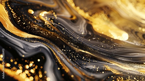 An abstract, fluid art pattern with a luxurious blend of golden swirls and glittering particles against a dark background. 