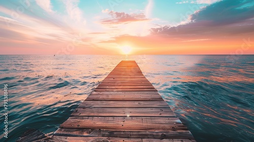 Perspective view of a wooden pier on the sea with an amazing sunset, with reflections on the water. inspiration concept, enjoy life, relaxing moment © Boraryn