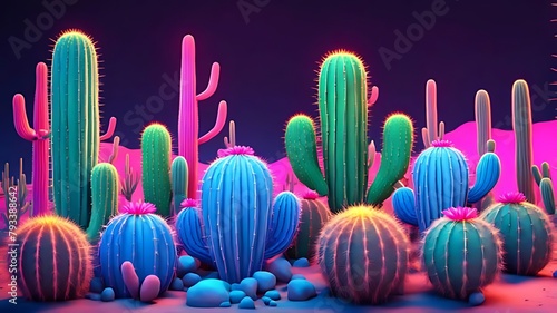 3d rendering vibrant neon cactus desert, Cinco de mayo 