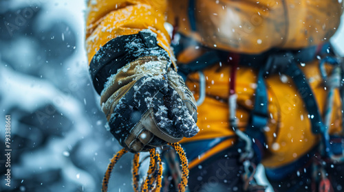 Close-up of a mountaineer's gloved hand gripping a climbing rope during a snowy expedition.