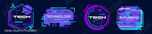 Set of Futuristic IT badges. Virtual cyberpunk style elements with neon hexagon, circle and square with lettering. Technology templates for logo. Cartoon flat vector collection isolated on background