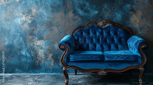 Vintage blue couch, richly textured fabric highlighted in a cutout view, set against an isolated background