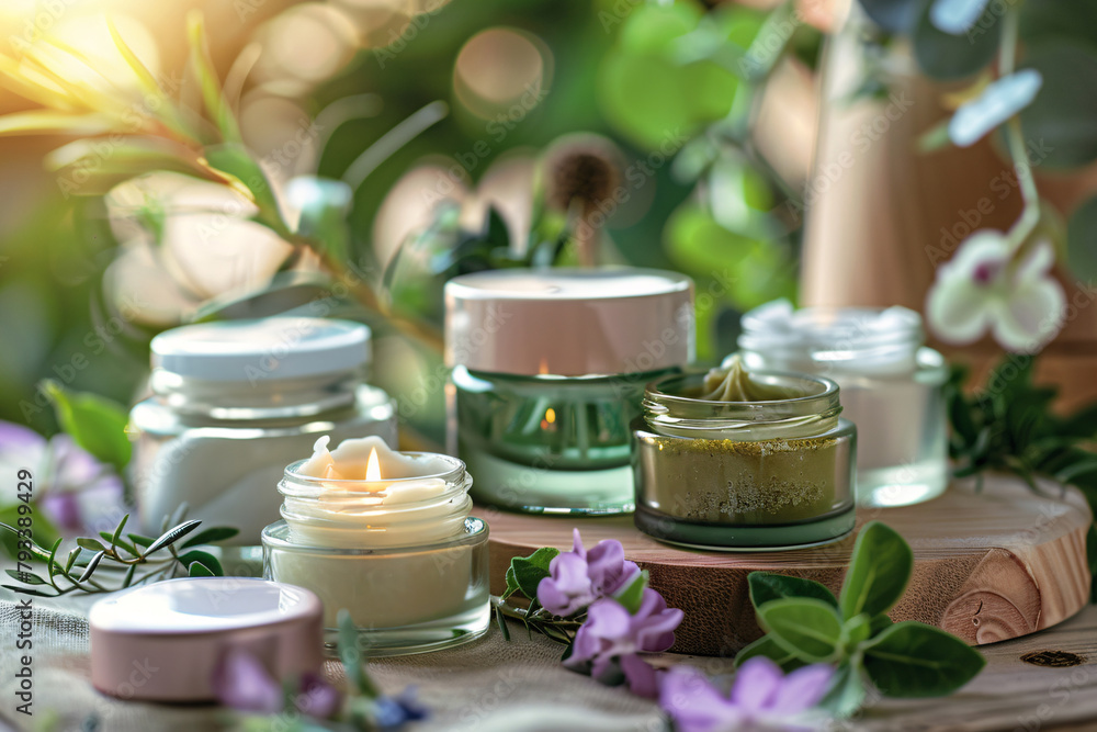 Natural organic eco cosmetics in open jars , beauty and SPA theme. Cosmetic containers with cream or lotion, natural ingredients, face care concept. Copy space. Natural organic eco cosmetics in open jars , beauty and SPA theme. Cosmetic containers with cream or lotion, natural ingredients, face care concept. Copy space.