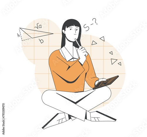Education and self development. Pensive girl student solves math problems, thinks and prepares for seminar at university or school. Cartoon outline vector illustration isolated on white background