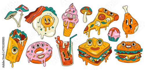 Set of psychedelic fast food stickers. Groovy acid elements with pizza, burger, sandwich, donut and cocktail with eyes. Food with funny faces. Cartoon flat vector collection isolated on background © Rudzhan