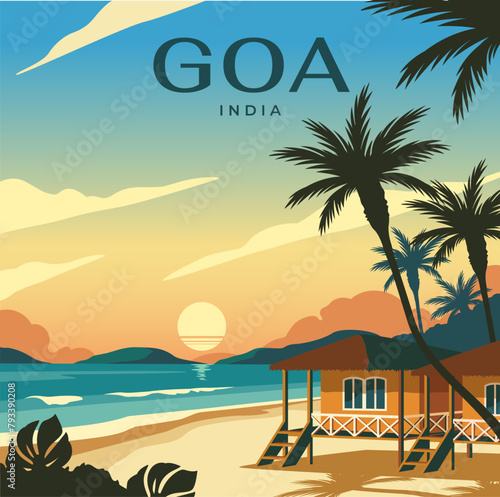 Travel destination poster. Landscape of tropical resort with sea, palm trees and sandy beaches. Goa, India. Tourism, journey and summer vacation. Tour Advertising. Cartoon flat vector illustration