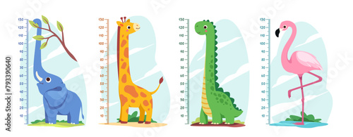 Kid height measurement. Collection of cute wall rulers with elephant, giraffe, flamingo and dinosaur. Chart with African animals. Cartoon flat vector illustration set isolated on white background