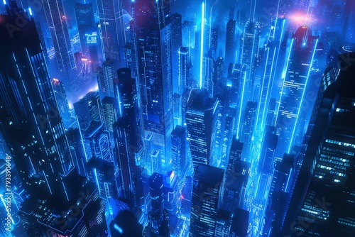 blue neon light city background - generative ai